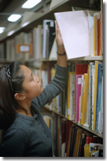 girl, library, bookshelf