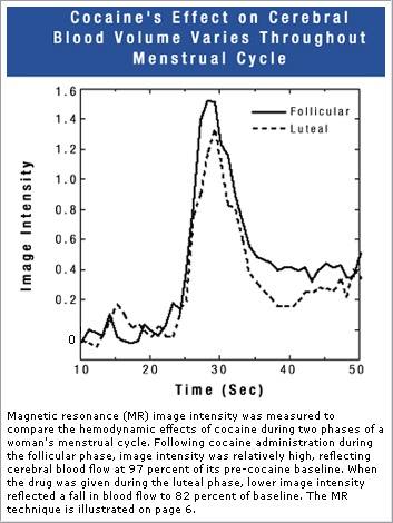 graph showing how Cocaine's effect on cerebral blood volume varies throughout menstrual cycle