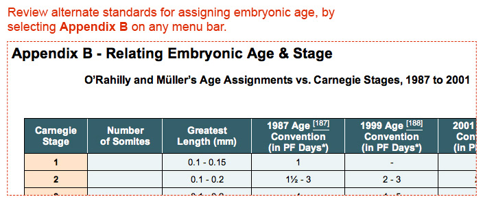 Review alternate standards for assigning embryonic age, by selecting Appendix B on any menu bar.