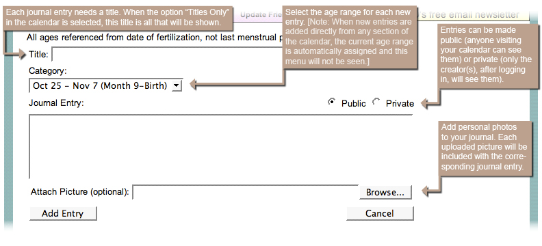 New journal entries can be added within the calendar or on a dedicated journal page.