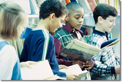 children reading, books, library