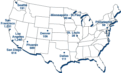 United States Map that shows hospital emergency department treatment by city due to methamphetamine use