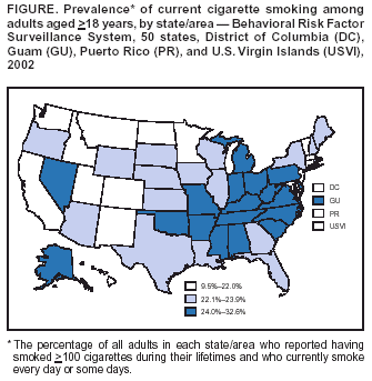 prevalence of current cigarette smoking among adults aged 18 and older by state, 2002